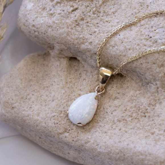 SOLD Adita 14k Yellow Gold Teardrop White Opal Necklace-Chain/Pendant/Earrings - Picture 2 of 11